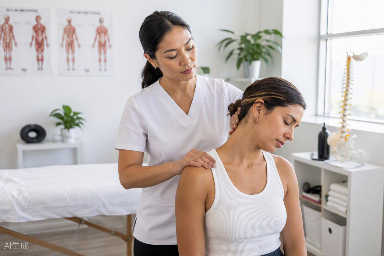 Licensed therapist performing a therapeutic neck and shoulder treatment