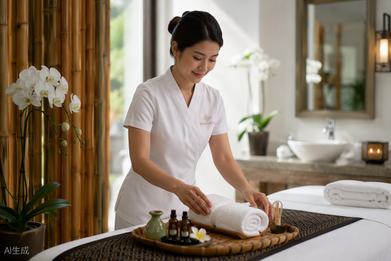 Licensed massage therapist preparing a professional treatment room